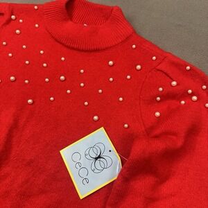 CeCe Long‎ Sleeve Imitation Pearl Embellished Red Sweater Women's Size S